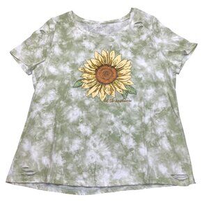 Cato Womens Green Tie-Dye T-Shirt Sunflower Print & Distressed Details Size L